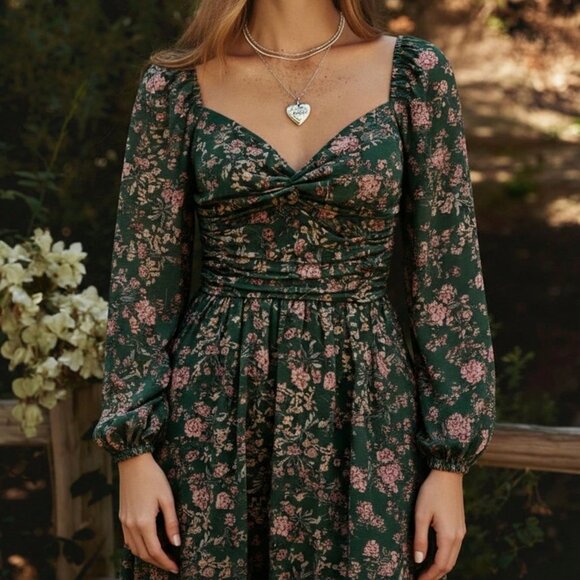 Dark Green Casual Women's Floral Midi Dress - Picture 4 of 6